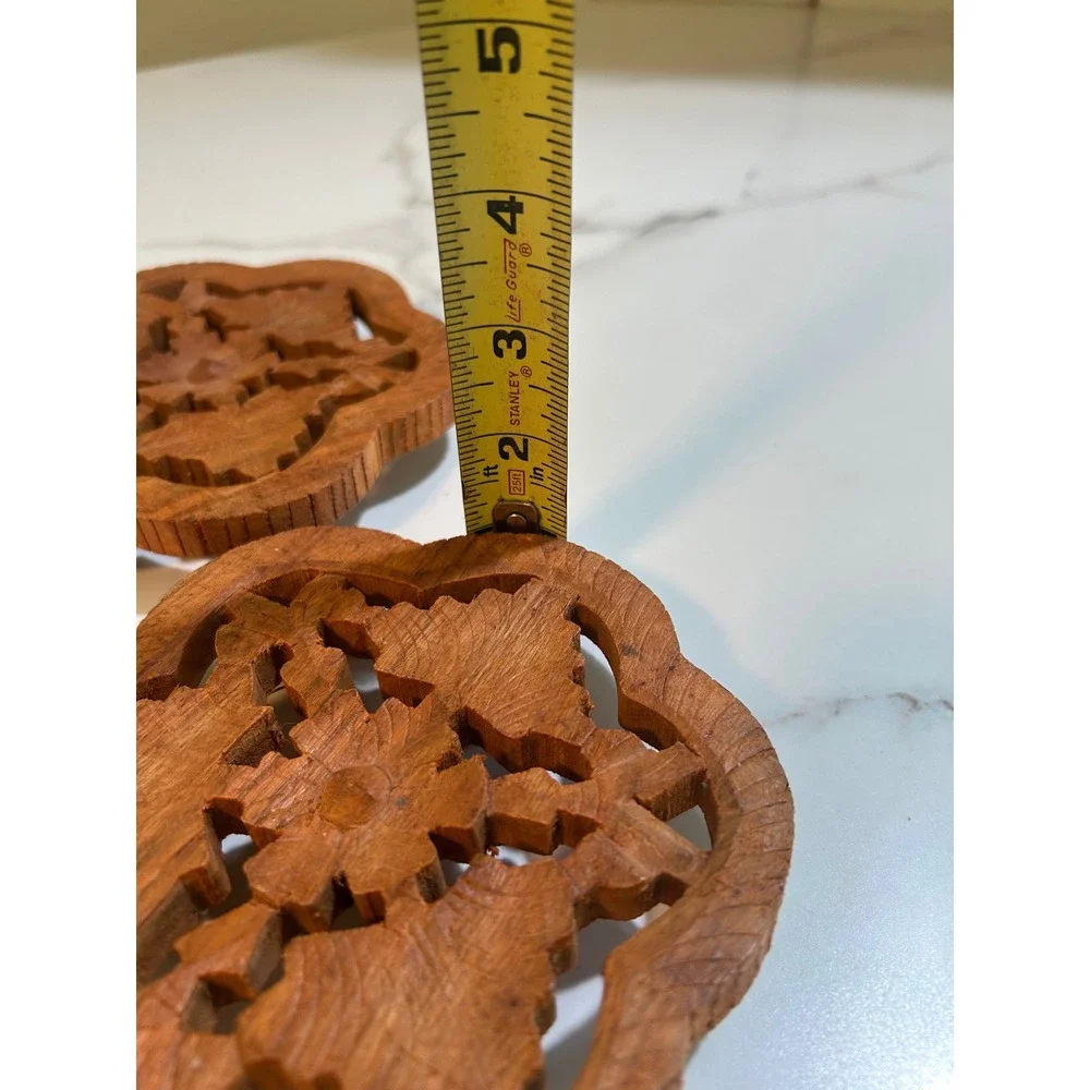 Vintage Hand Carved Wood Floral Trivets Set of 2 Boho Scalloped Kitchen Decor